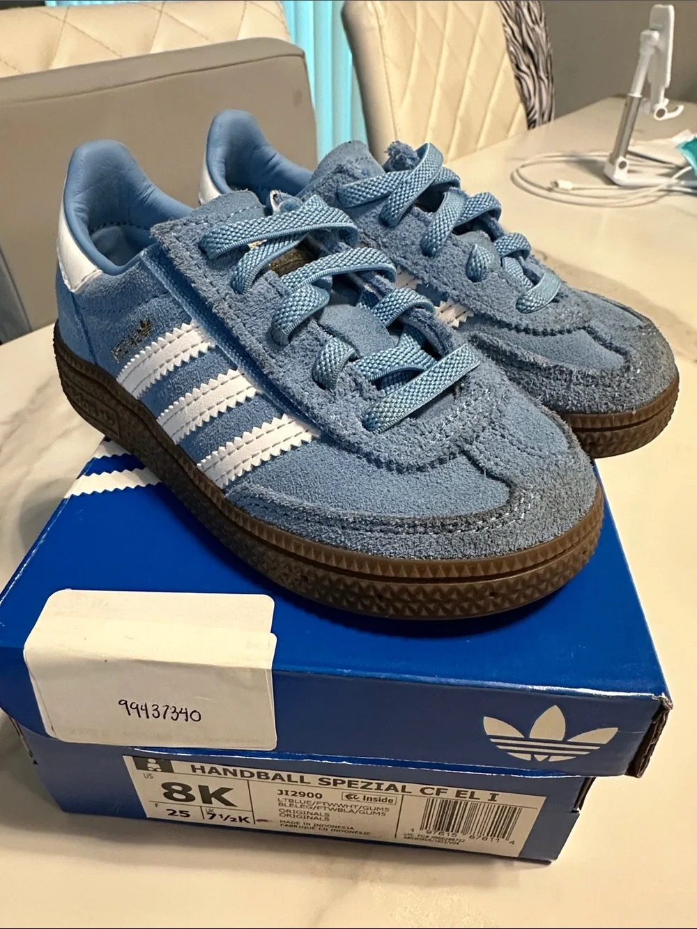 adidas Kids Handball Spezial Suede Sneakers in Light Blue and White